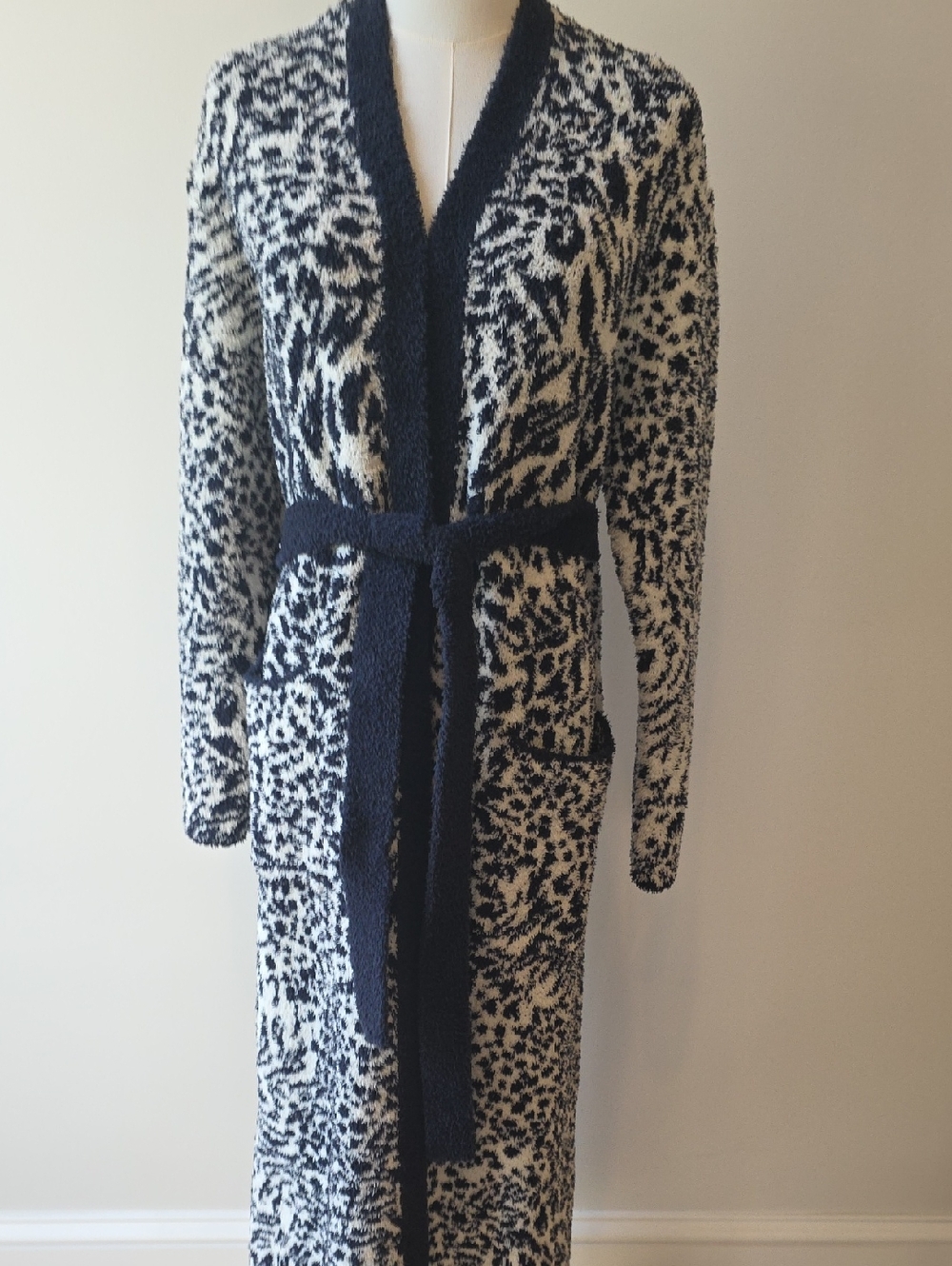 Cozy Barefoot Dreams Navy and White Leopard Print Long Robe